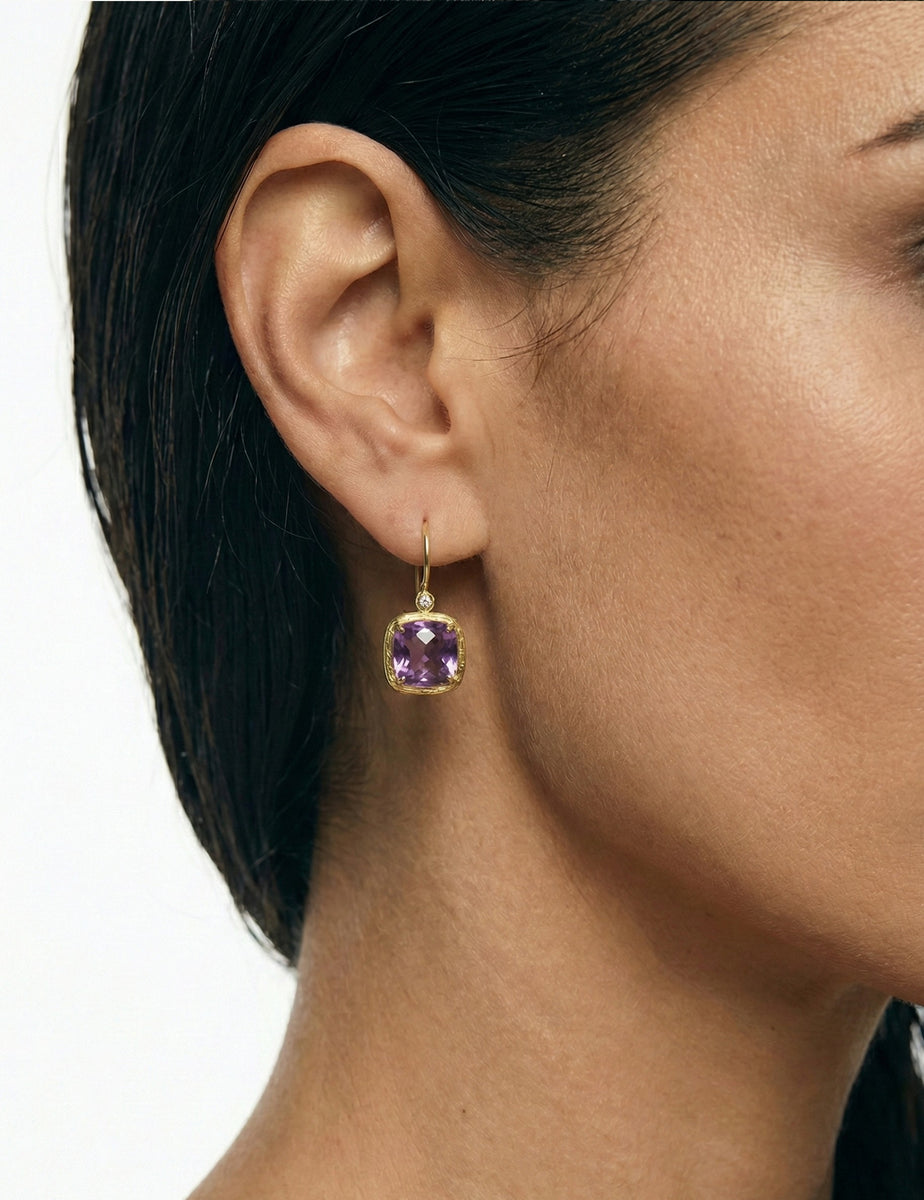 14K Gold 0.04 ct. tw. Diamond & 7.2CT Amethyst Earrings