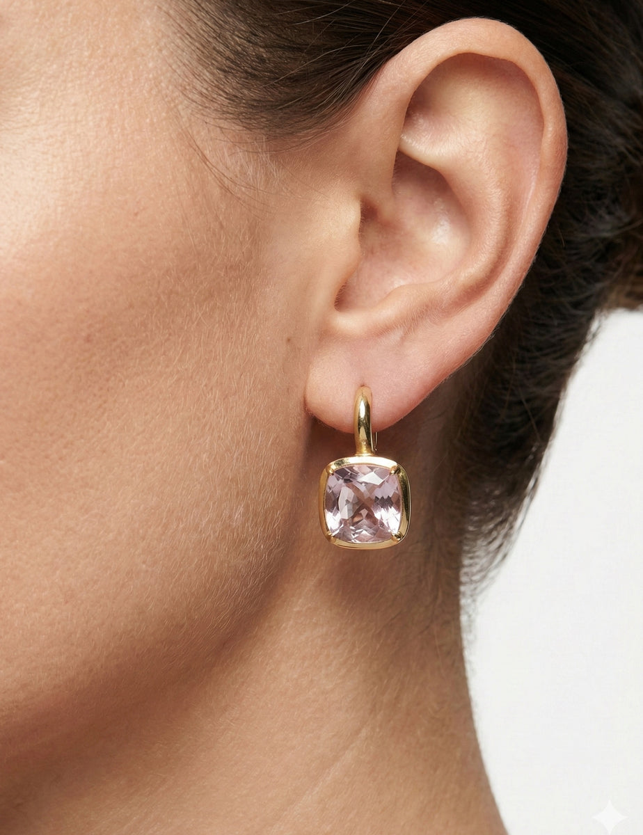14K Gold 6.7CT Drop Rose Quartz Color Earrings