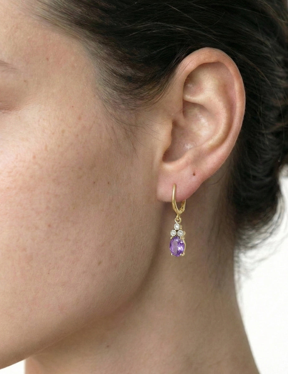 14K Gold 0.09 ct. tw. Diamond & 2.28CT Amethyst Dangling Earrings
