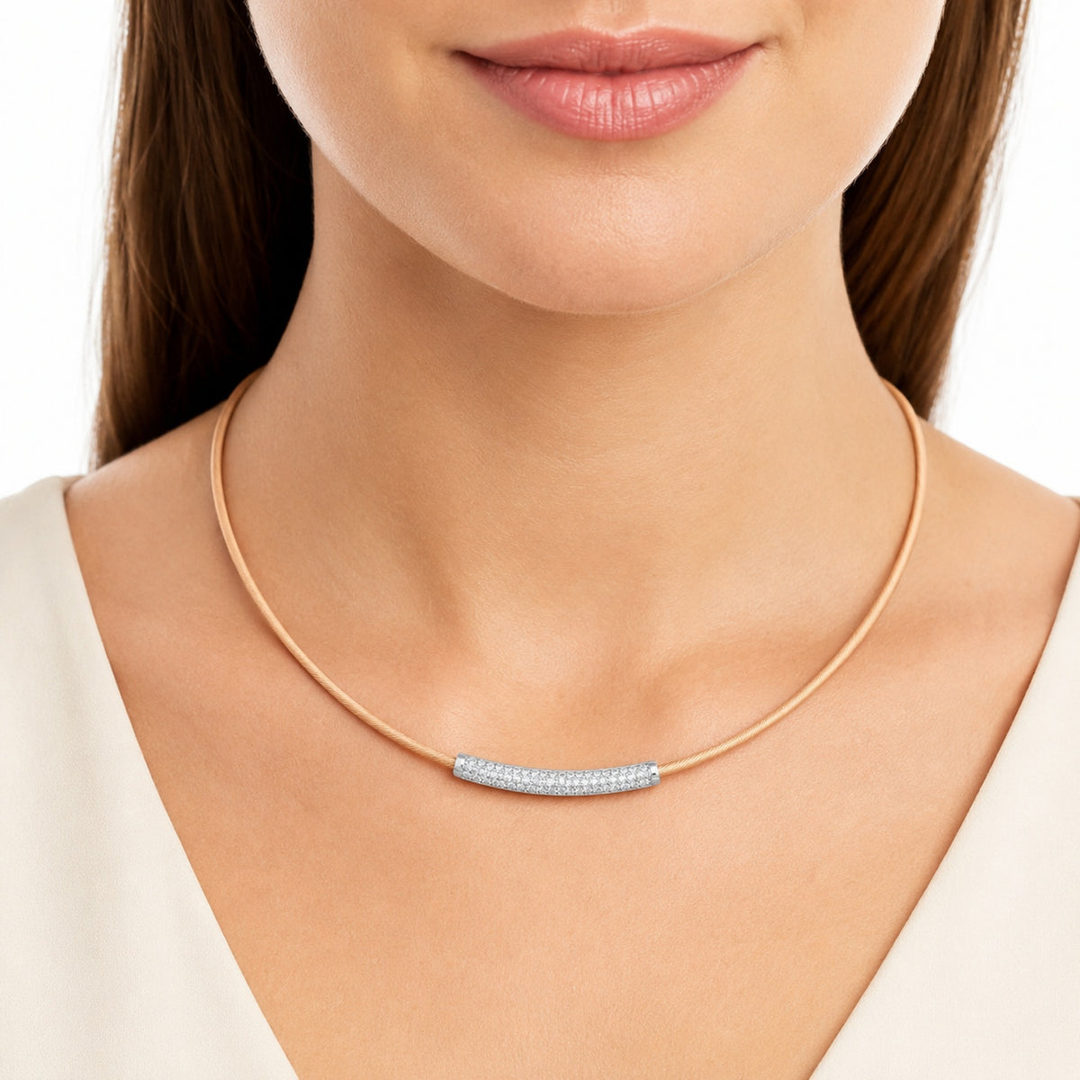 14K Gold 0.50 cttw Wire Choker ID Bar Necklace