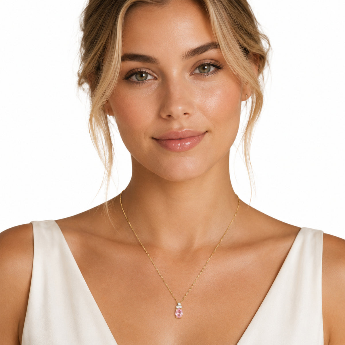 14K Gold 0.045 ct. tw. Dia. & 1.11CT Rose Quartz Color Stone Pendant