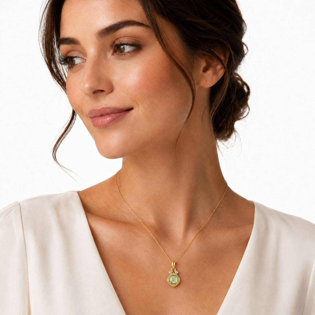 14K Gold 0.07 ct. tw. & 1.75CT Green Amethyst Color Stone Pendant
