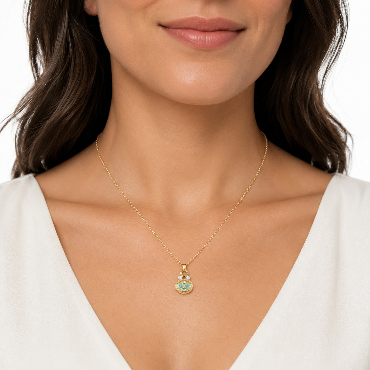 14K Gold 0.05 ct. tw. Dia. & 2.5CT 8x10mm Green Amethyst Oval Pendant Slide