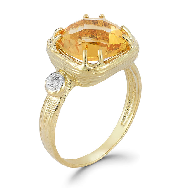 14 Karat Yellow Gold Polish-Finished Cocktail Ring, Centered with a 3.5CT 10mm Checkerboard Faceted Cushion-Cut Semi-Precious Citrine Color Stone, Accented with 0.03 Carats of Bezel Set Diamonds.