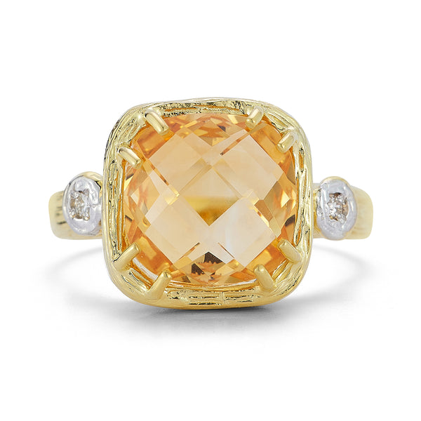 14 Karat Yellow Gold Polish-Finished Cocktail Ring, Centered with a 3.5CT 10mm Checkerboard Faceted Cushion-Cut Semi-Precious Citrine Color Stone, Accented with 0.03 Carats of Bezel Set Diamonds.