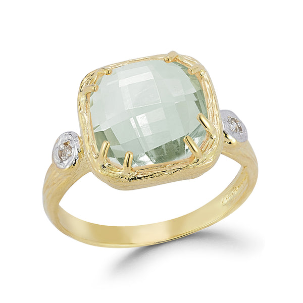 14K Gold 0.03 ct. tw. Diamond & 10mm 3.5CT Green Amethyst Color Ring